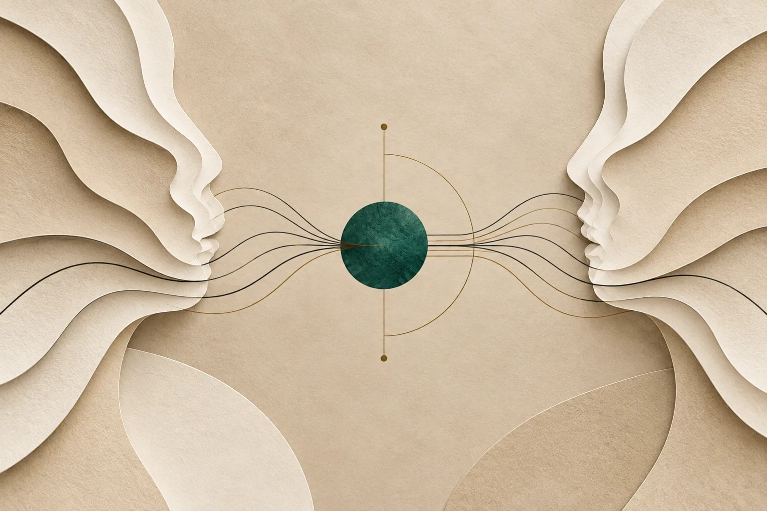 Paper sculpture of two facing profiles linked by lines through a central green sphere