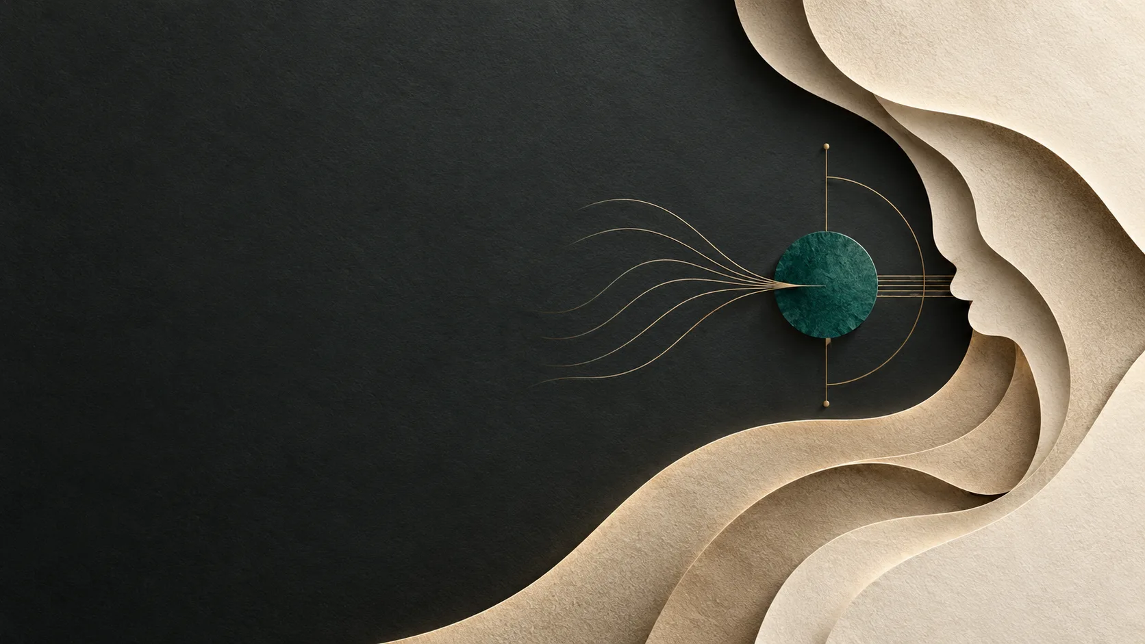 Paper sculpture of an ivory profile on a dark background facing a green sphere and brass arc
