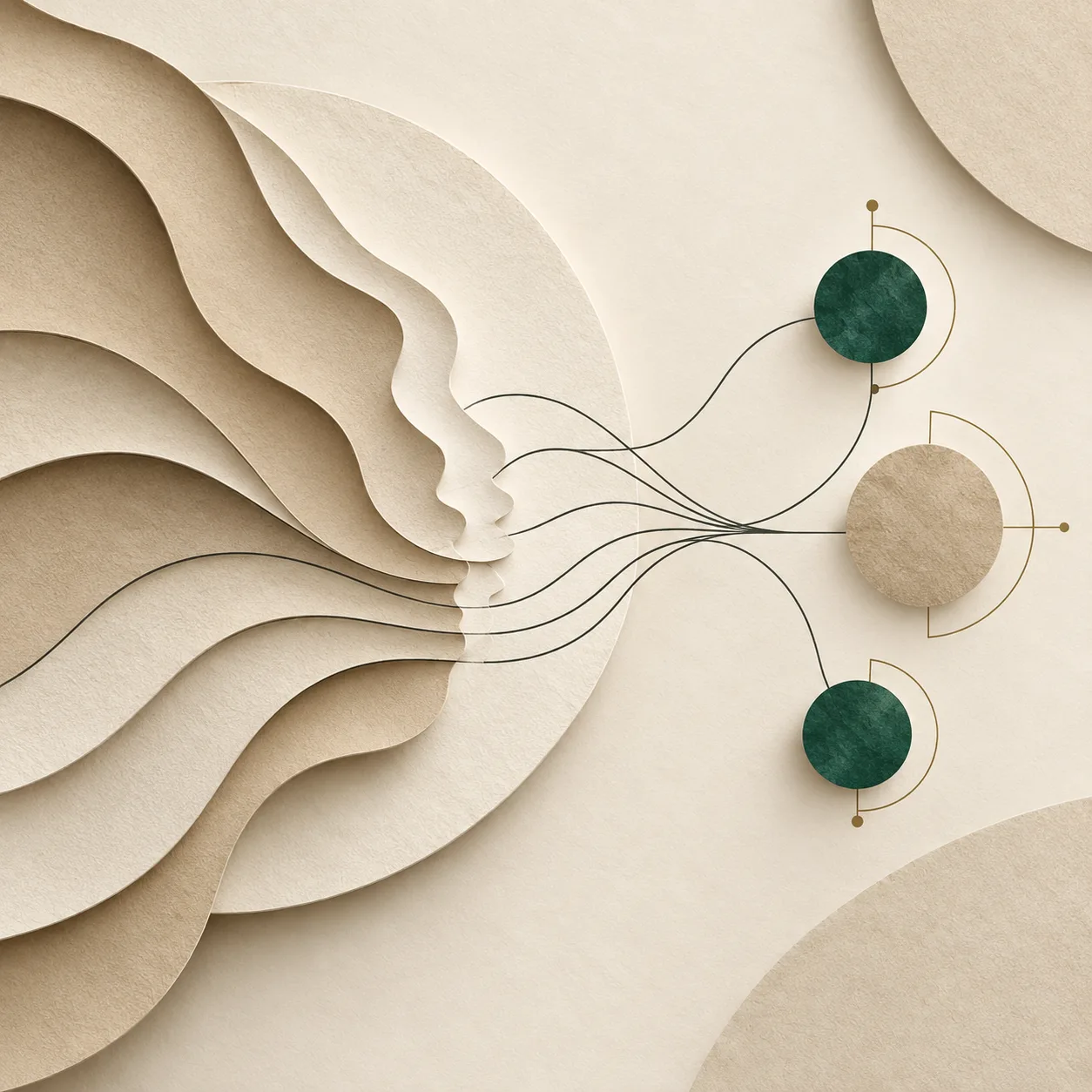 Paper sculpture of a profile with lines flowing into several green spheres, representing AI agents