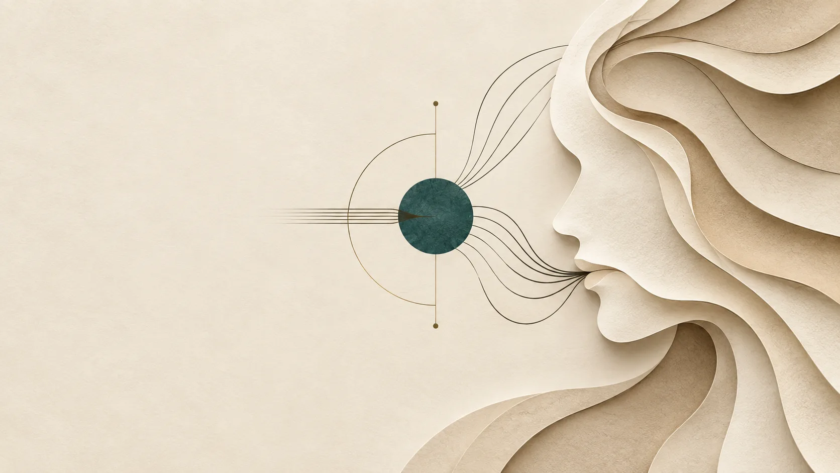 Paper sculpture of a layered ivory profile facing a green sphere under a brass arc